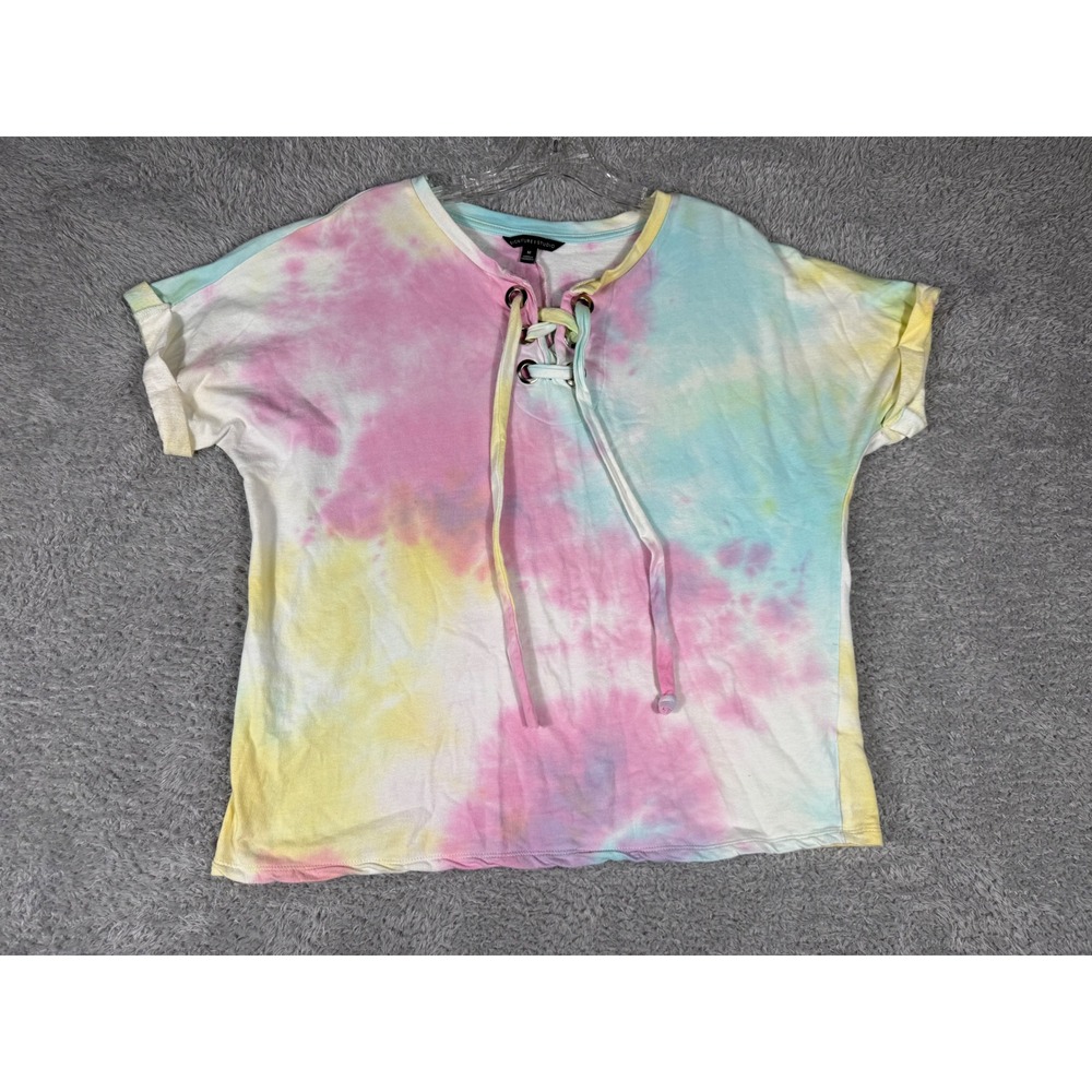 Signature Studio Lace Up Top Womens Medium Pink Yellow Tie Dye Excellent Cotton
